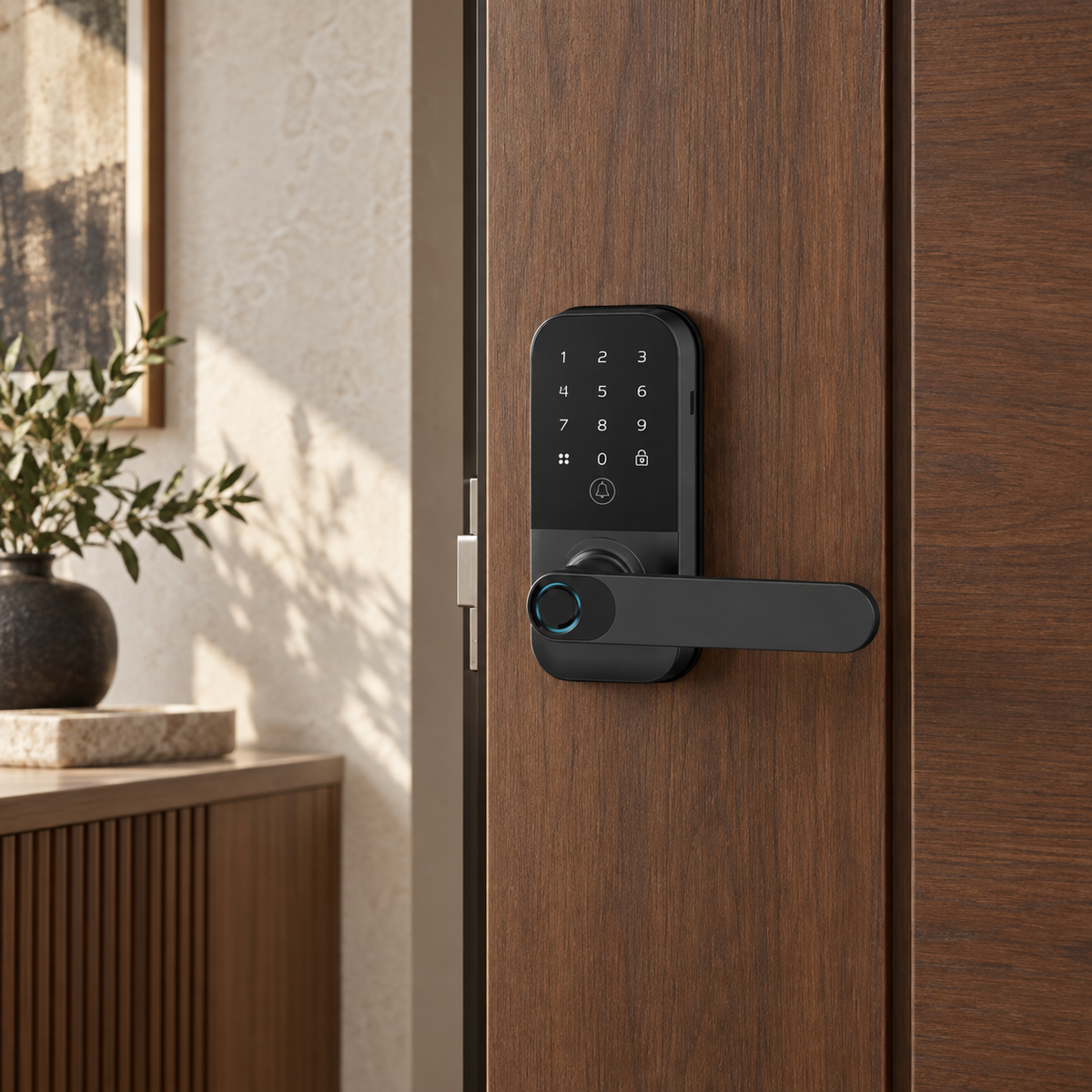 Smart Lever Lock P18-01 installed on a walnut entry door