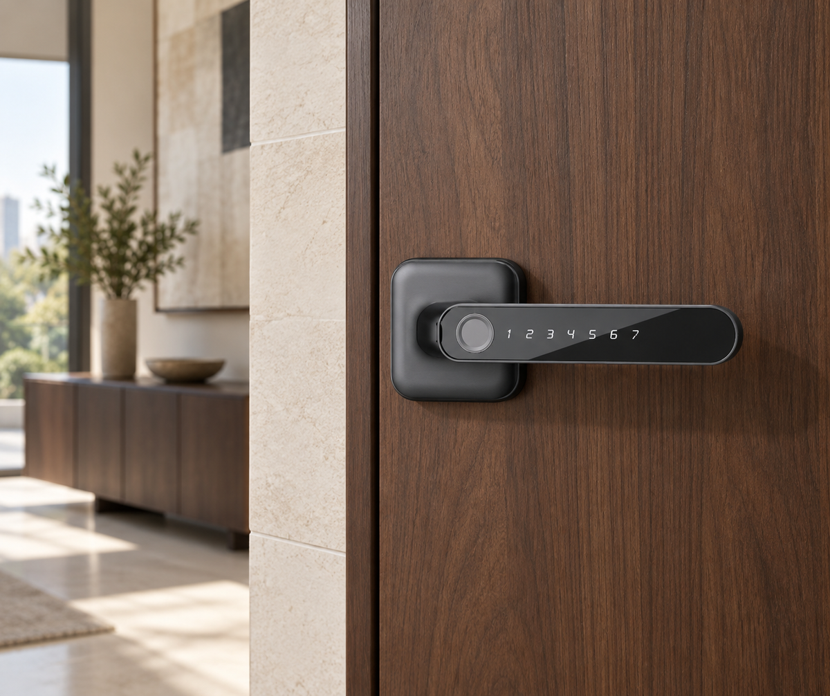 Smart Lever Lock P18-02 installed on a walnut entry door