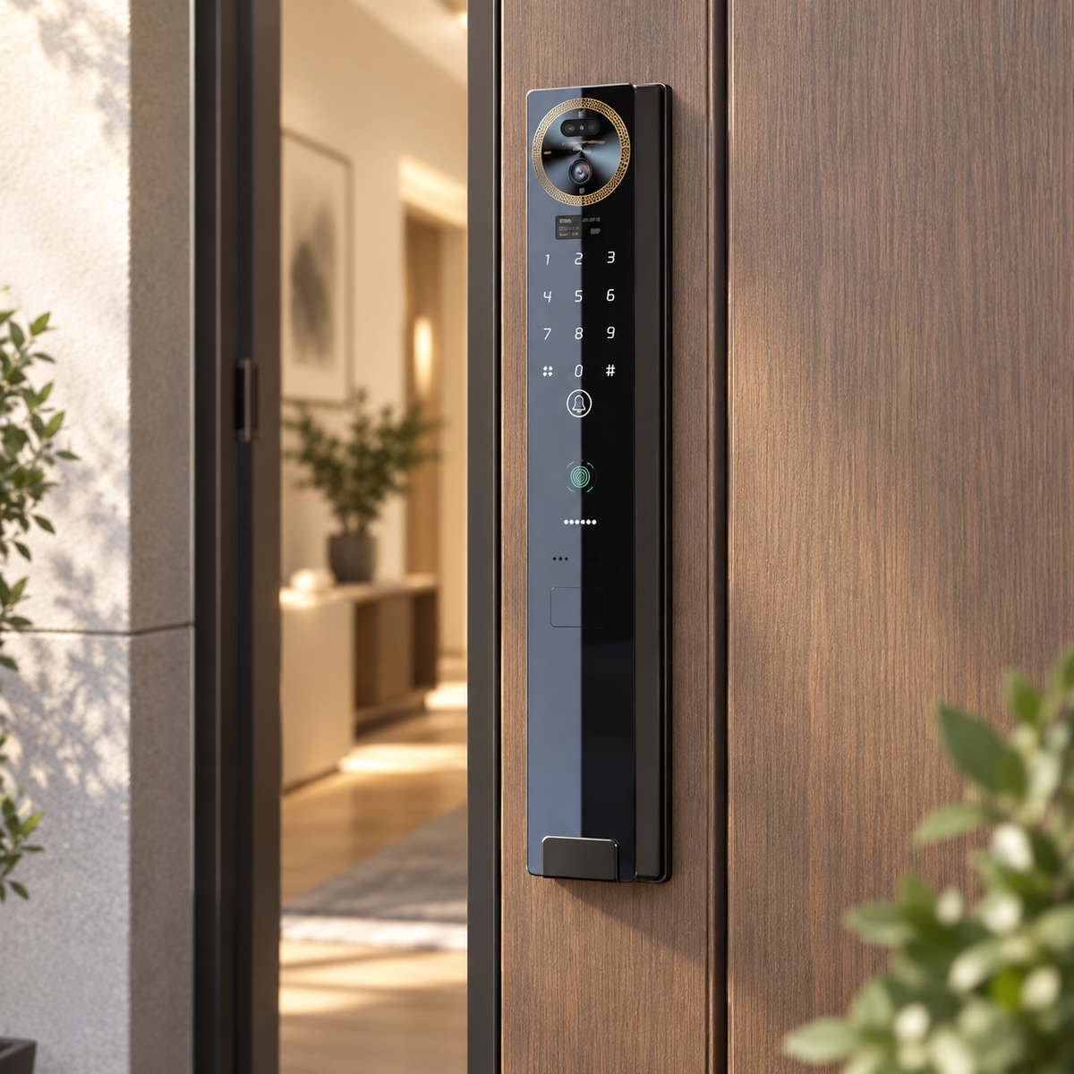 S12 smart door lock installed on a modern wooden entry door