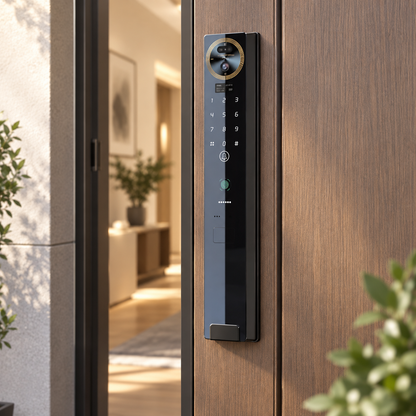 S12 smart door lock installed on a modern wooden entry door