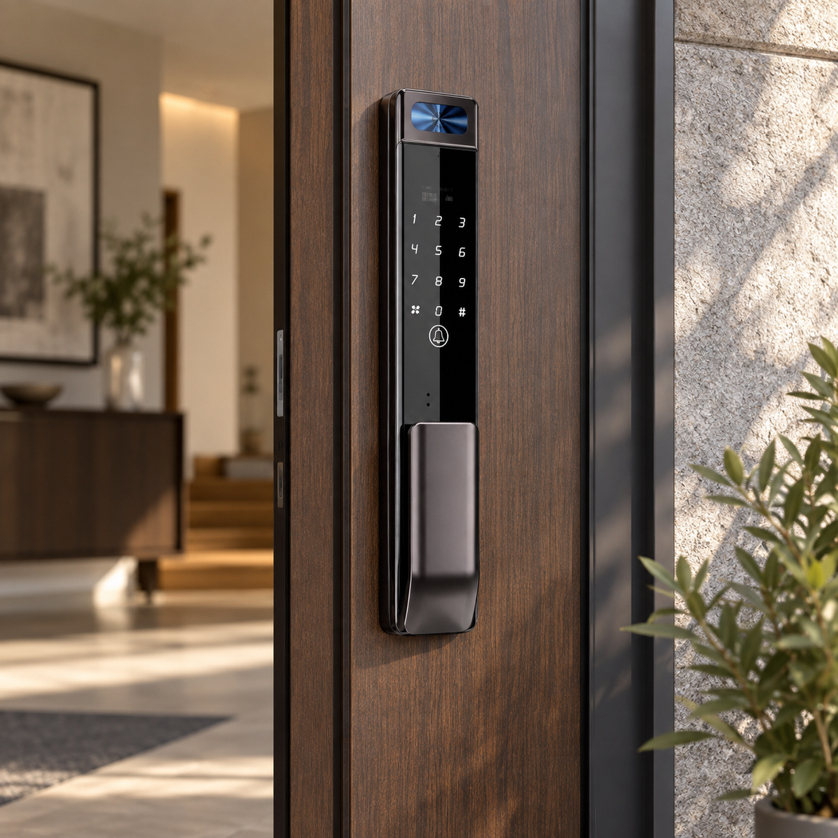 P10-01 smart camera door lock installed on a modern wood entry door