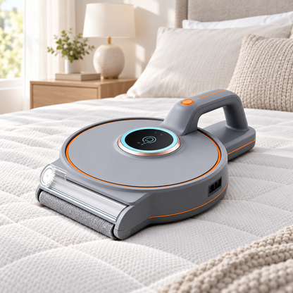 Second-generation gray and orange dust mite vacuum on a mattress