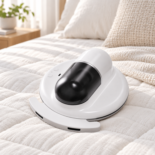 Cordless mattress mite vacuum robot on a bed