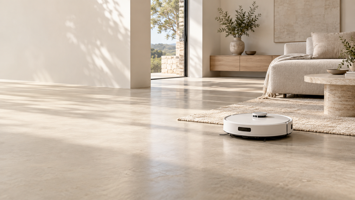 Premium smart home with a robot vacuum in warm natural light